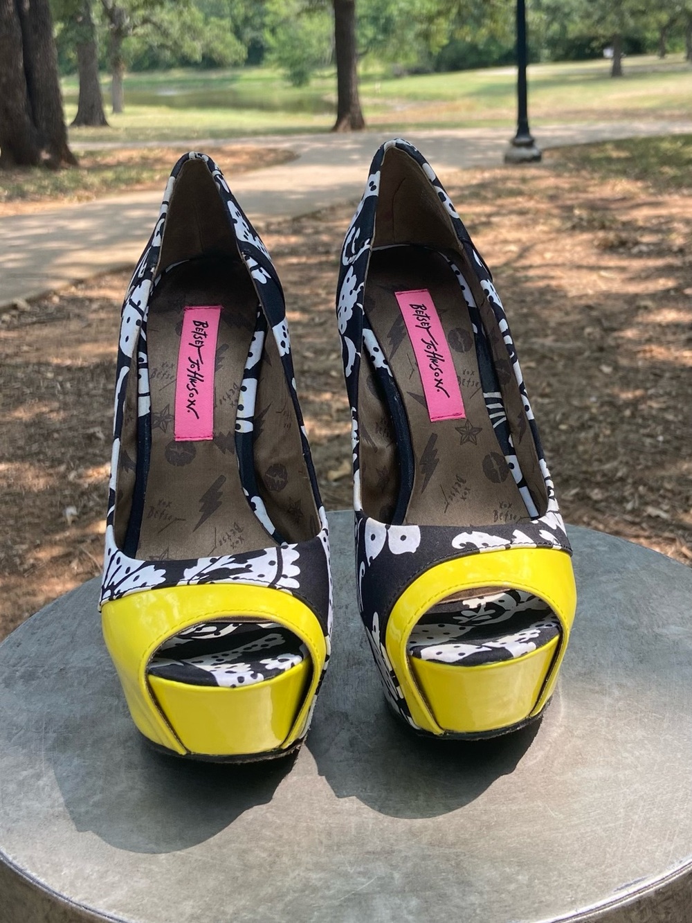Betsey Johnson Black, White & Yellow Floral Peep-Toe Platform Heels